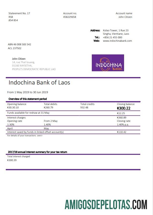 Exemplo de extrato bancário do Laos Indochina